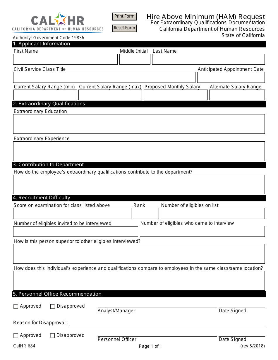 Form CALHR684 Hire Above Minimum (Ham) Request for Extraordinary Qualifications Documentation - California, Page 1