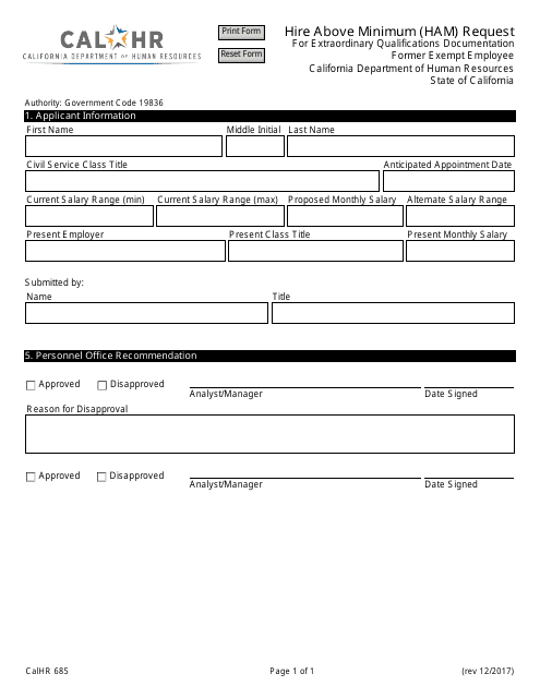 Form CALHR685 Hire Above Minimum (Ham) Request for Extraordinary Qualifications Documentation - Former Exempt Employee - California