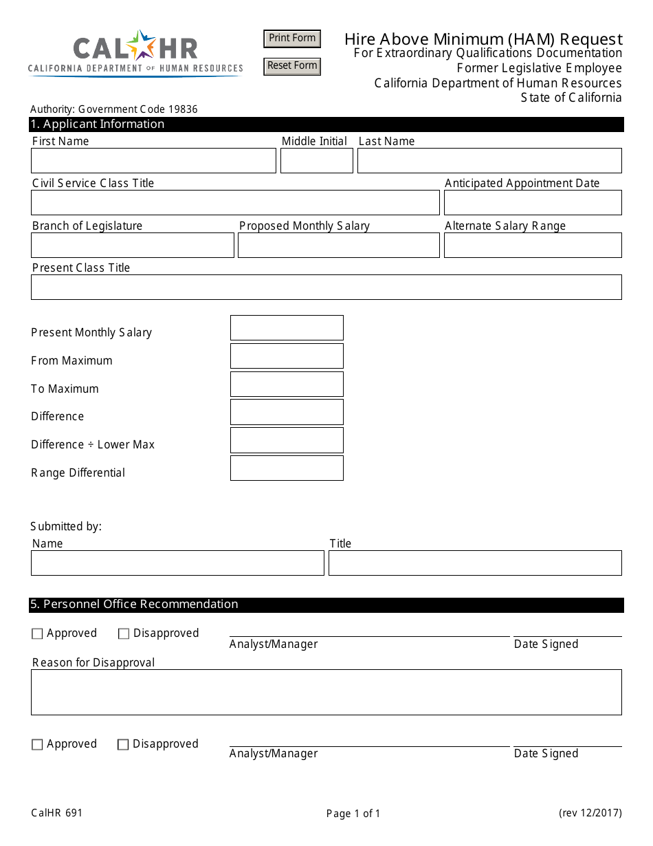 Form CALHR691 Hire Above Minimum (Ham) Request for Extraordinary Qualifications Documentation - Former Legislative Employee - California, Page 1
