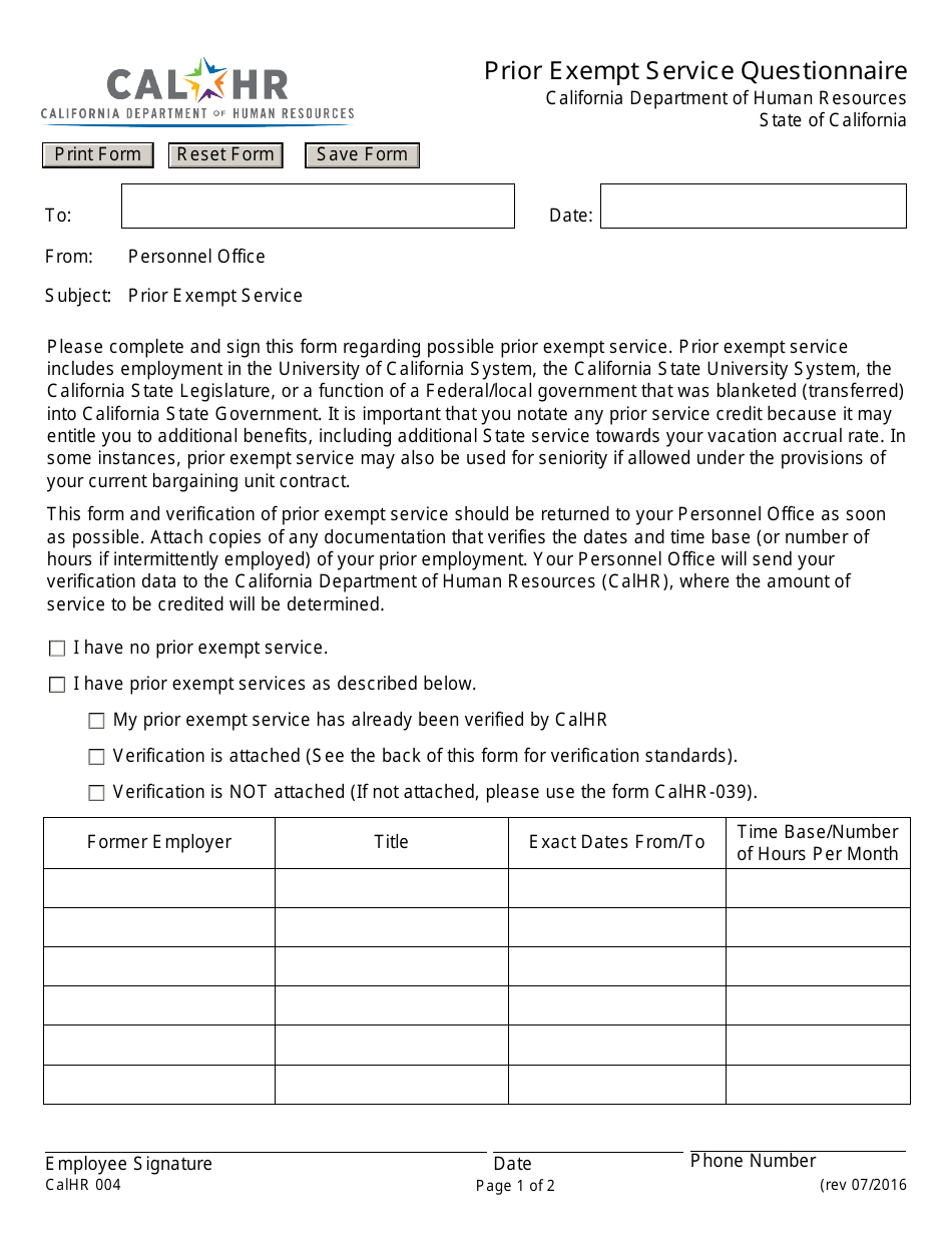 Form CALHR004 Prior Exempt Service Questionnaire - California, Page 1