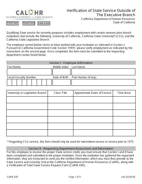 Form CALHR039  Printable Pdf