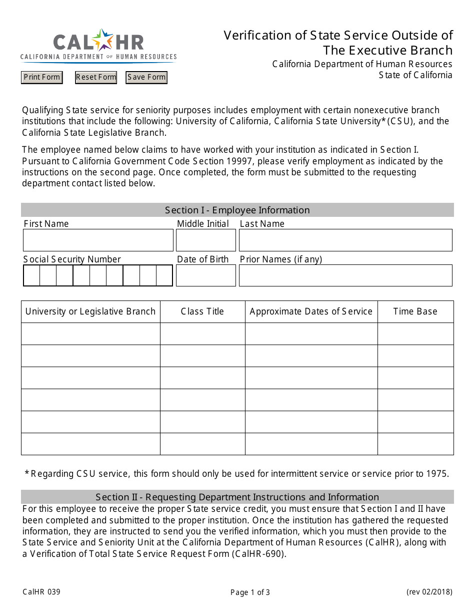 Form CALHR039 Verification of State Service Outside of the Executive Branch - California, Page 1