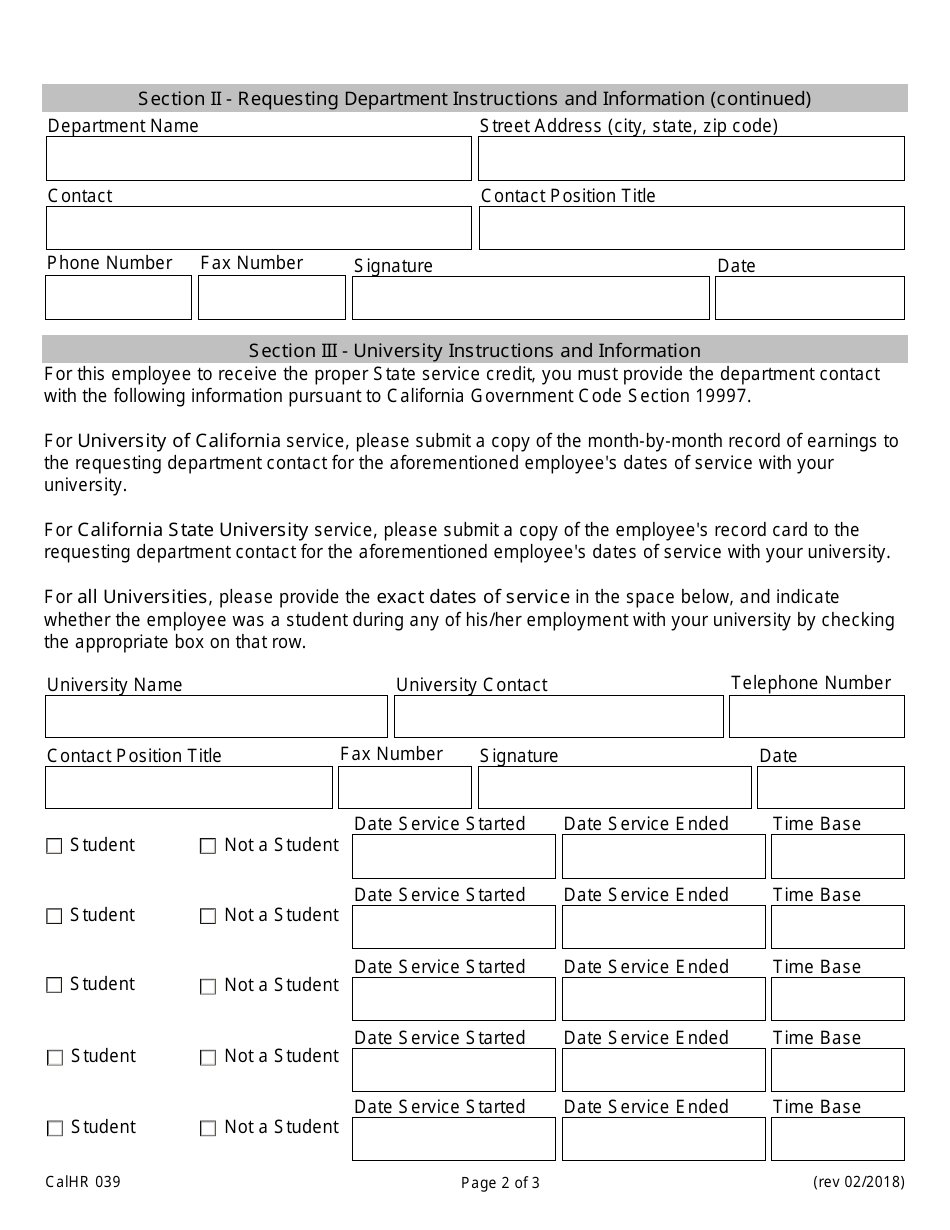 Form CALHR039 Verification of State Service Outside of the Executive Branch - California, Page 2