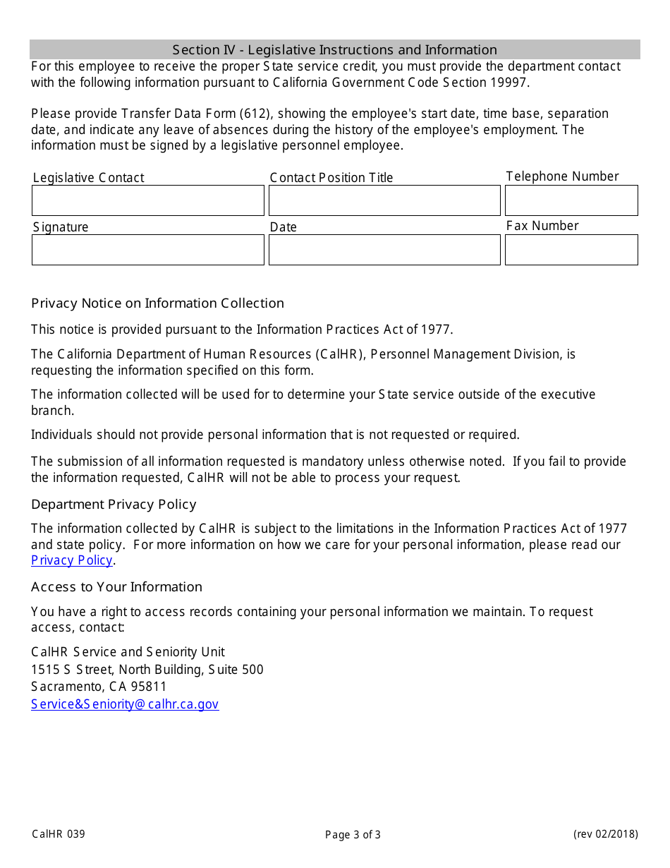 Form CALHR039 Verification of State Service Outside of the Executive Branch - California, Page 3