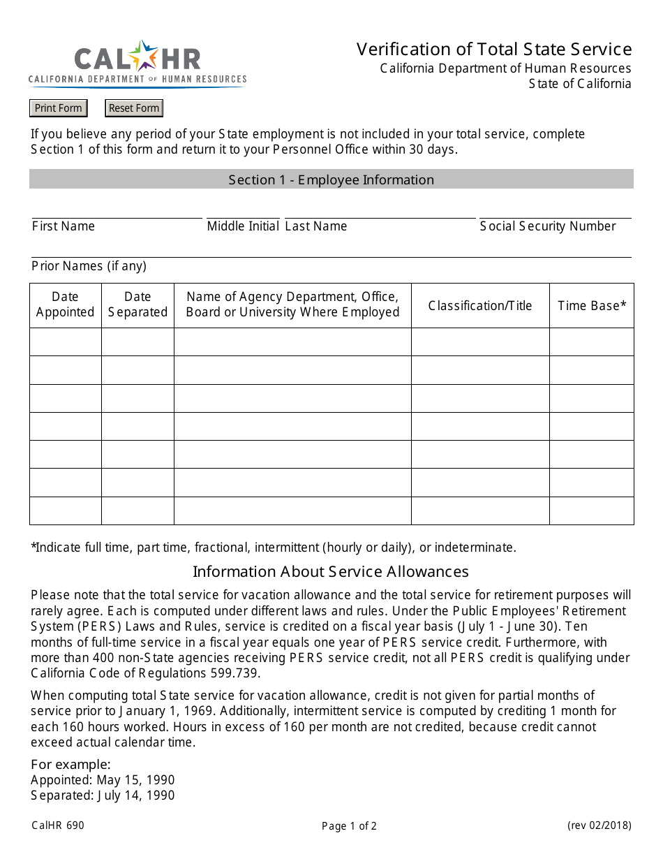 Form CALHR690 Verification of Total State Service - California, Page 1