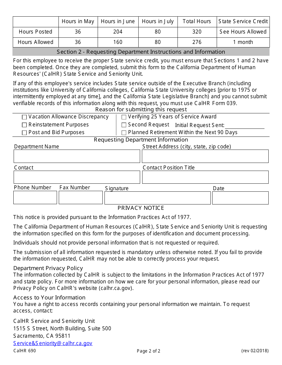 Form CALHR690 Verification of Total State Service - California, Page 2
