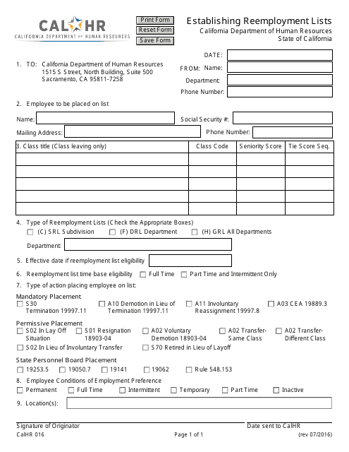Form CALHR016  Printable Pdf