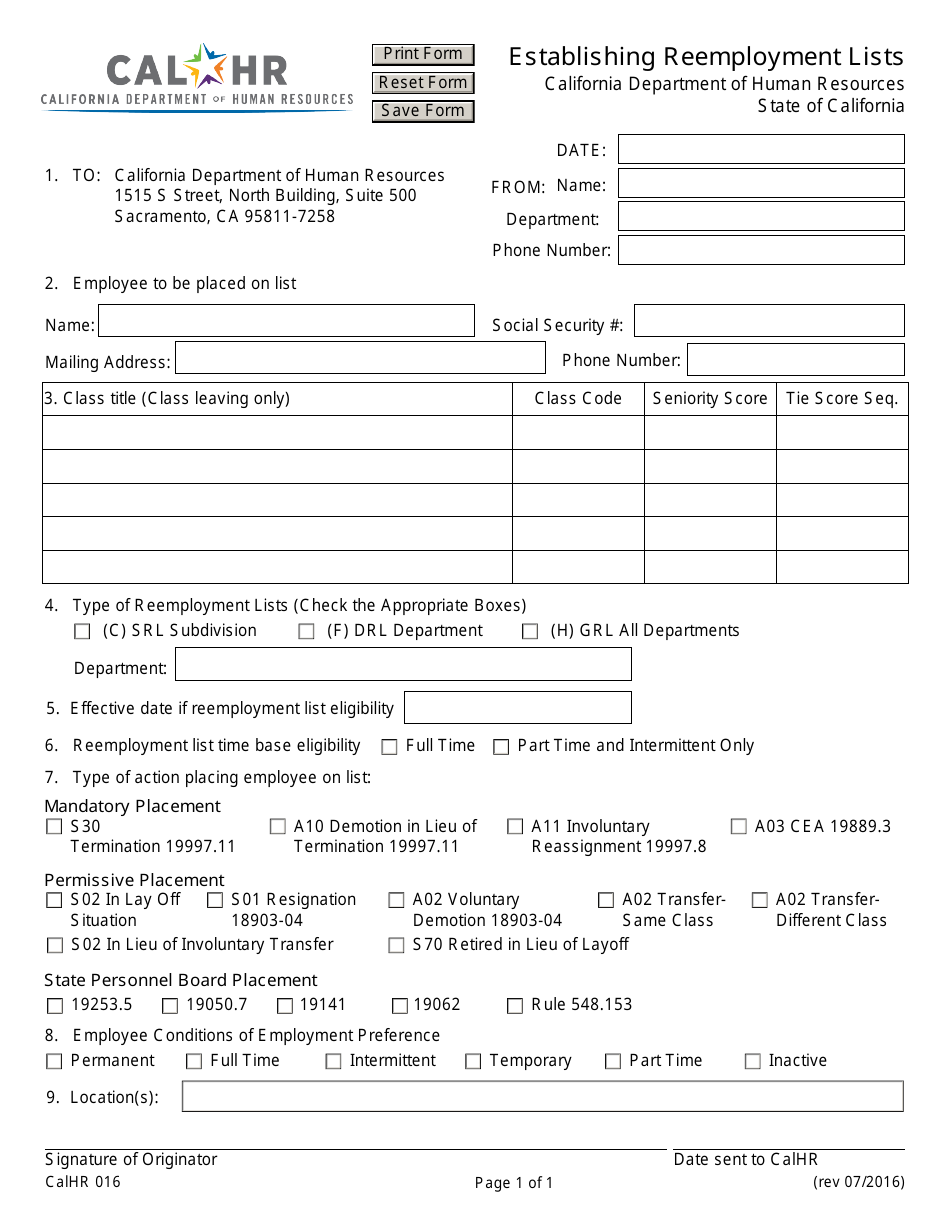 Form CALHR016 Establishing Reemployment Lists - California, Page 1