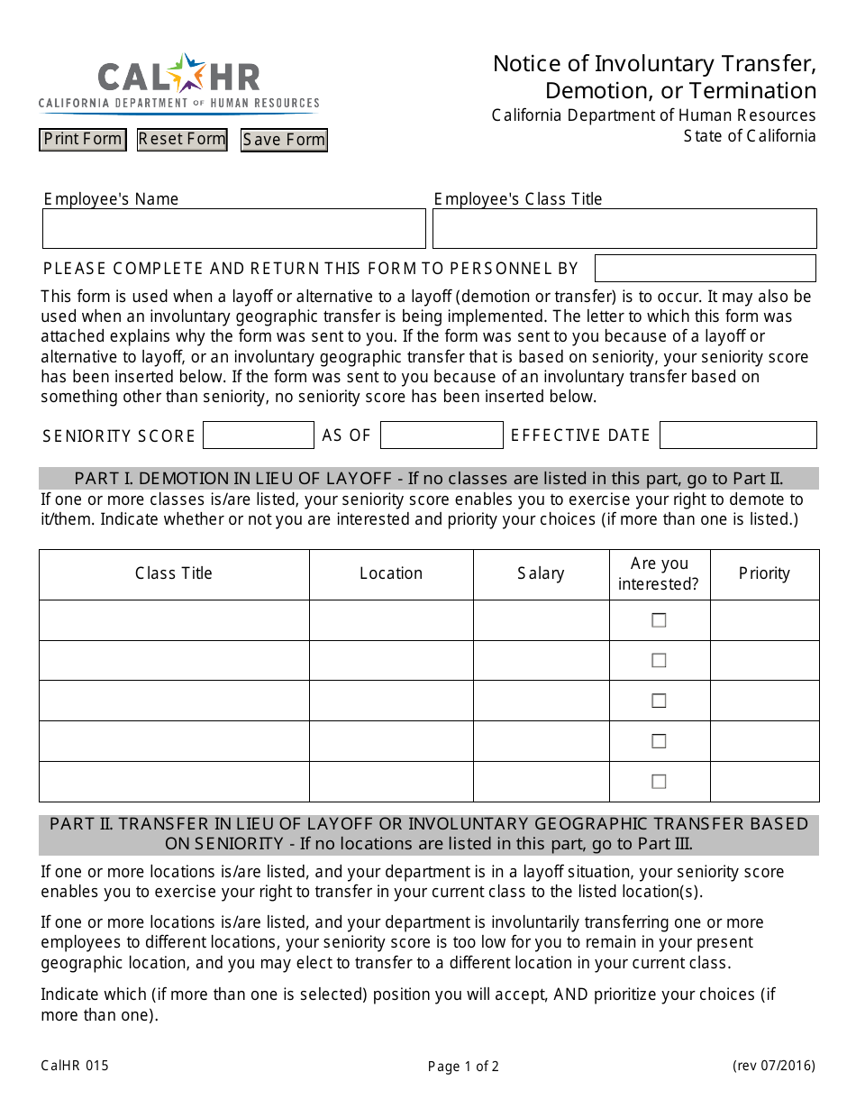 Form CALHR015 Notice of Involuntary Transfer, Demotion, or Termination - California, Page 1