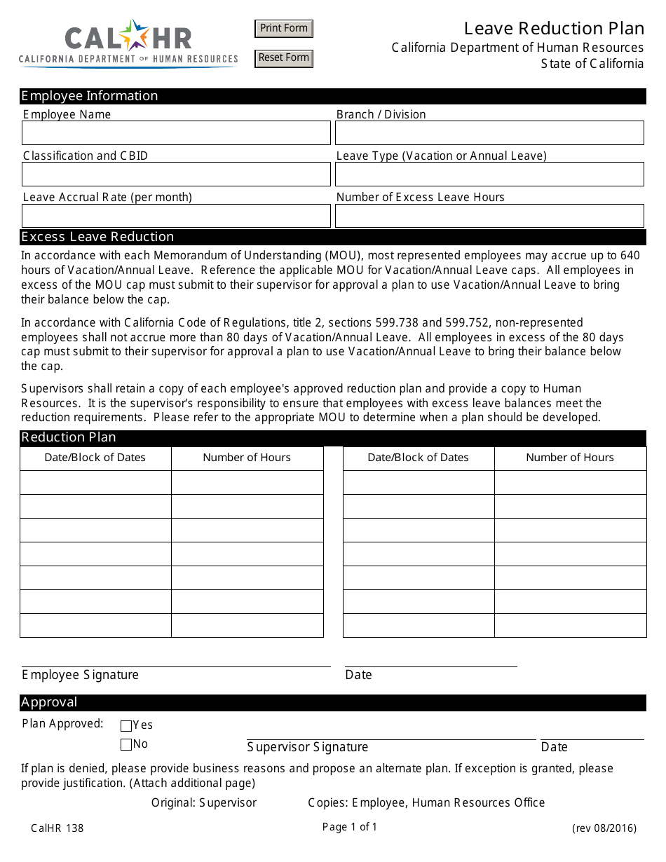Form CALHR138 Leave Reduction Plan - California, Page 1