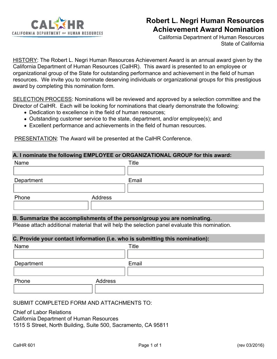 Form CALHR601 Robert L. Negri Human Resources Achievement Award Nomination - California, Page 1