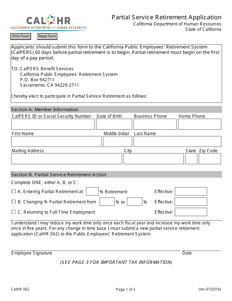 Form CALHR062 Partial Service Retirement Application - California, Page 1