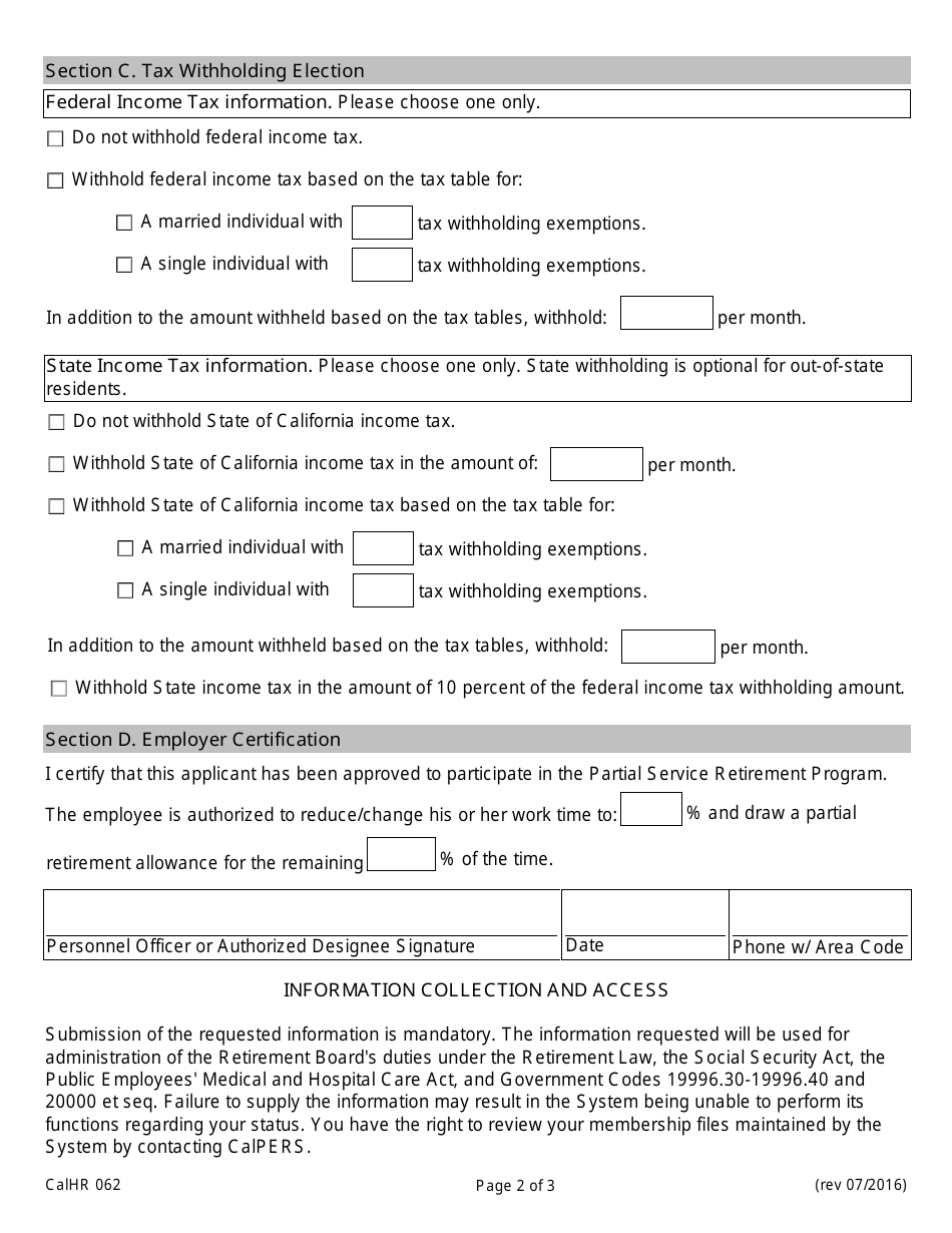 Form CALHR062 Partial Service Retirement Application - California, Page 2