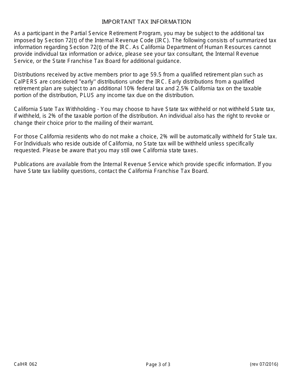 Form CALHR062 Partial Service Retirement Application - California, Page 3