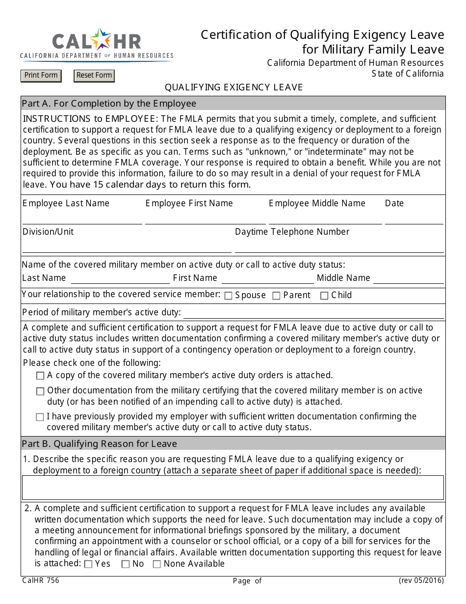 Form CALHR756 Certification of Qualifying Exigency for Military Family Leave (Family and Medical Leave Act) - California, Page 1