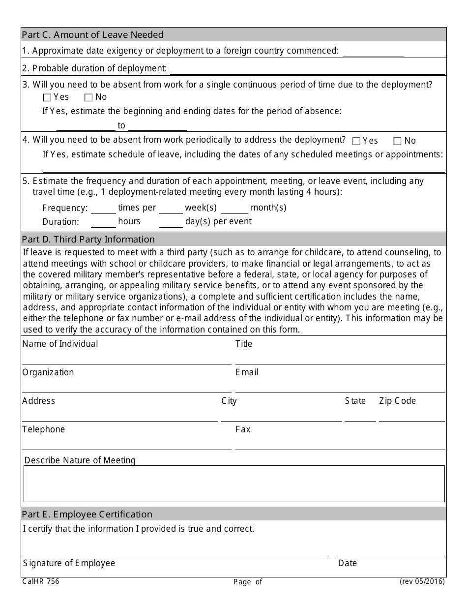 Form CALHR756 Certification of Qualifying Exigency for Military Family Leave (Family and Medical Leave Act) - California, Page 2