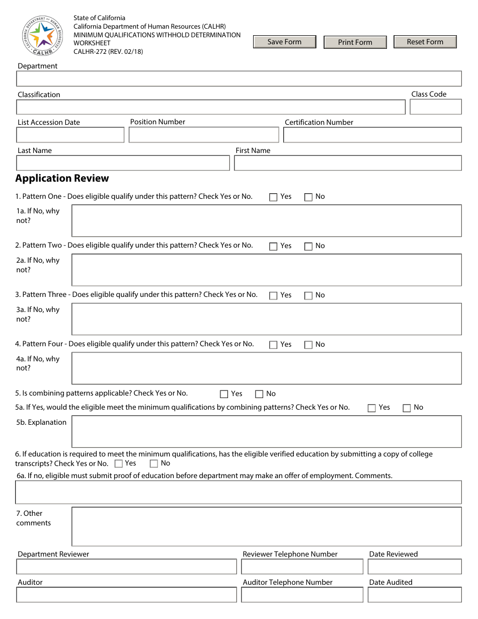 Form CALHR-272 Minimum Qualifications Withhold Determination Worksheet - California, Page 1