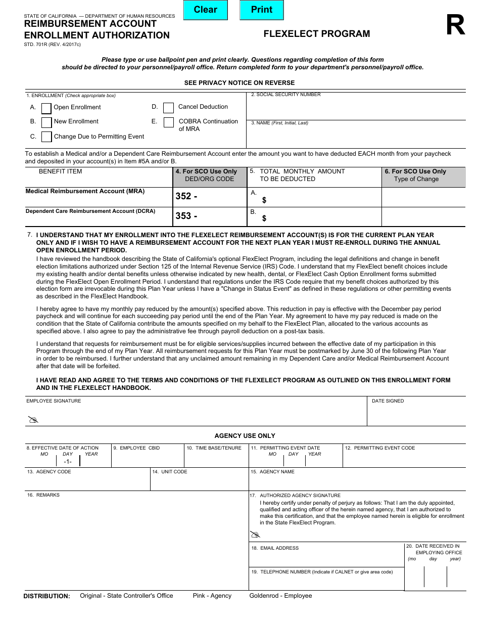 Form STD.701R Reimbursement Account Enrollment Authorization - Flexelect Program - California, Page 1