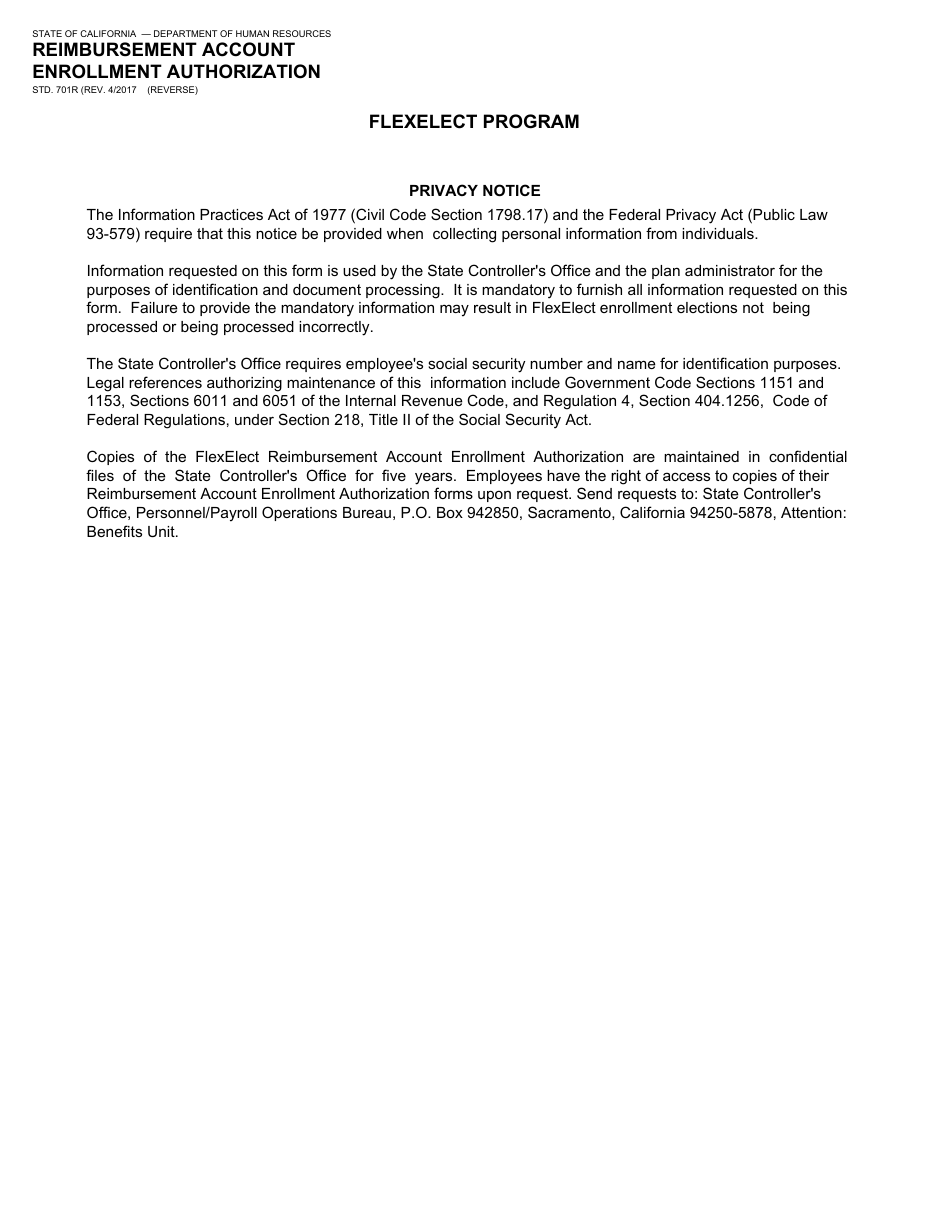 Form STD.701R Reimbursement Account Enrollment Authorization - Flexelect Program - California, Page 2