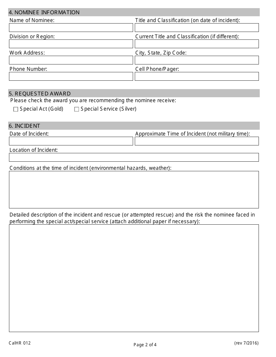 Form CALHR012 Governors State Employee Medal of Valor Special Act / Special Service Award Nomination - California, Page 2