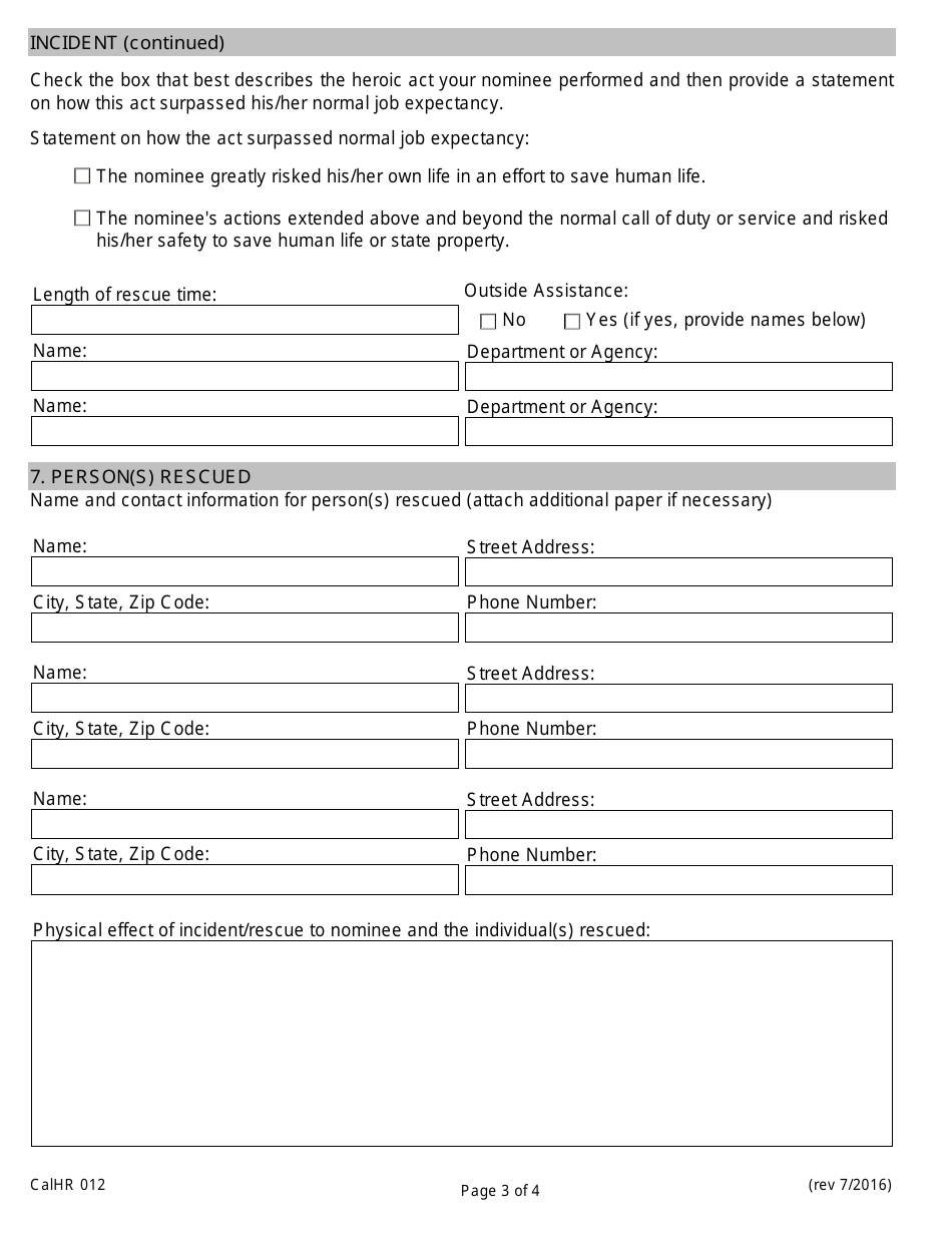 Form CALHR012 Governors State Employee Medal of Valor Special Act / Special Service Award Nomination - California, Page 3