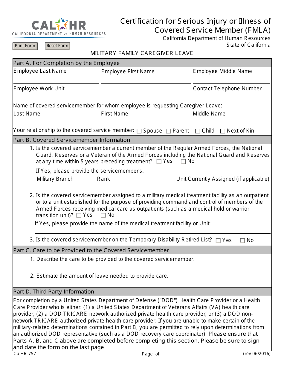 Form CALHR757 Certification for Serious Injury or Illness of Covered Service Member (Fmla) for Military Caregiver Leave - California, Page 1