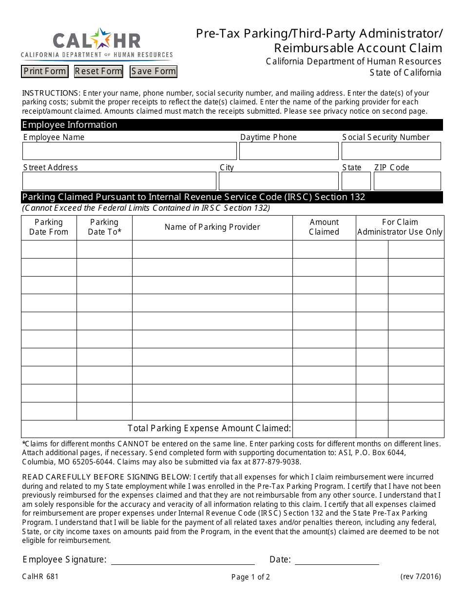 Form CALHR681 Pre-tax Parking / Third-Party Administrator / Reimbursable Account Claim - California, Page 1