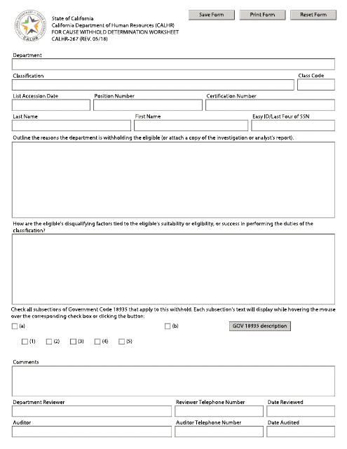 Form CALHR-267 For Cause Withhold Determination Worksheet - California