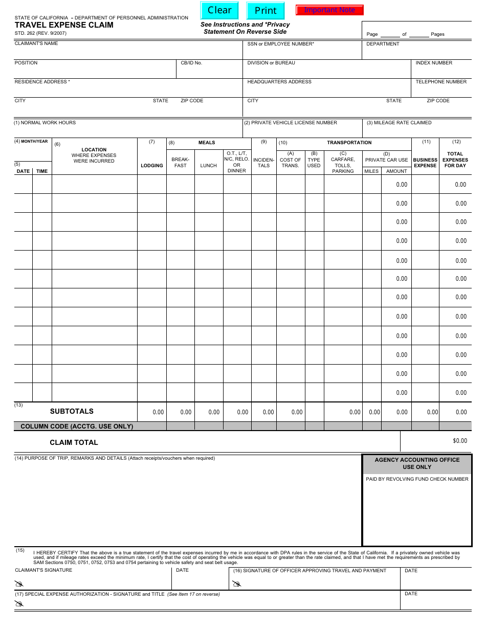 Form STD.262 Travel Expense Claim - California, Page 1