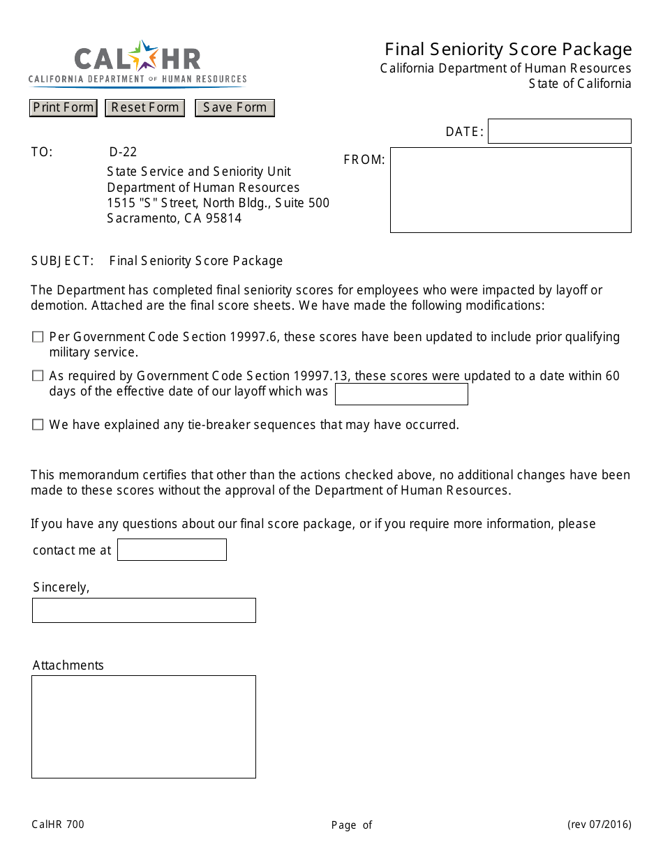 Form CALHR700 Final Seniority Score Package - California, Page 1