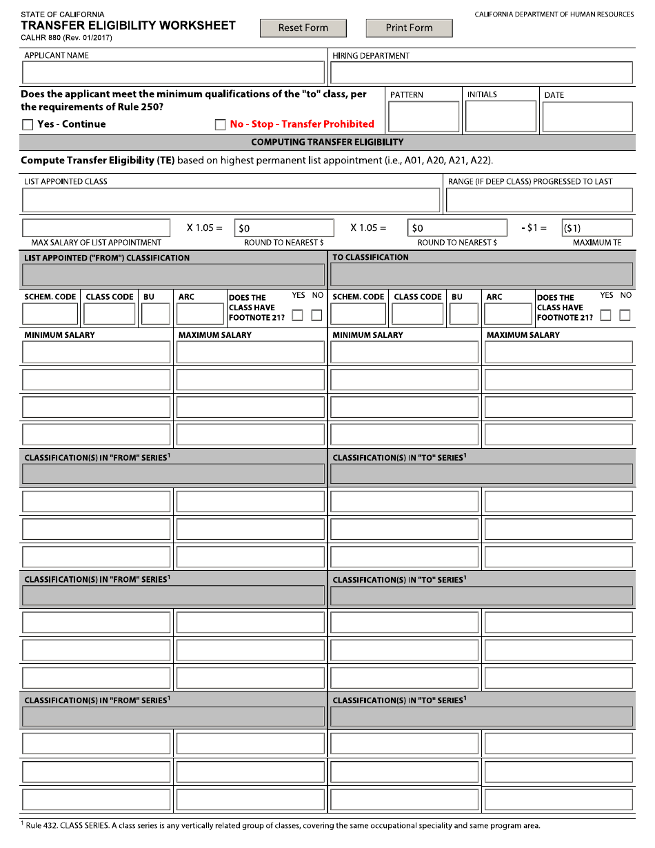 Form CALHR880 Transfer Eligibility Worksheet - California, Page 1
