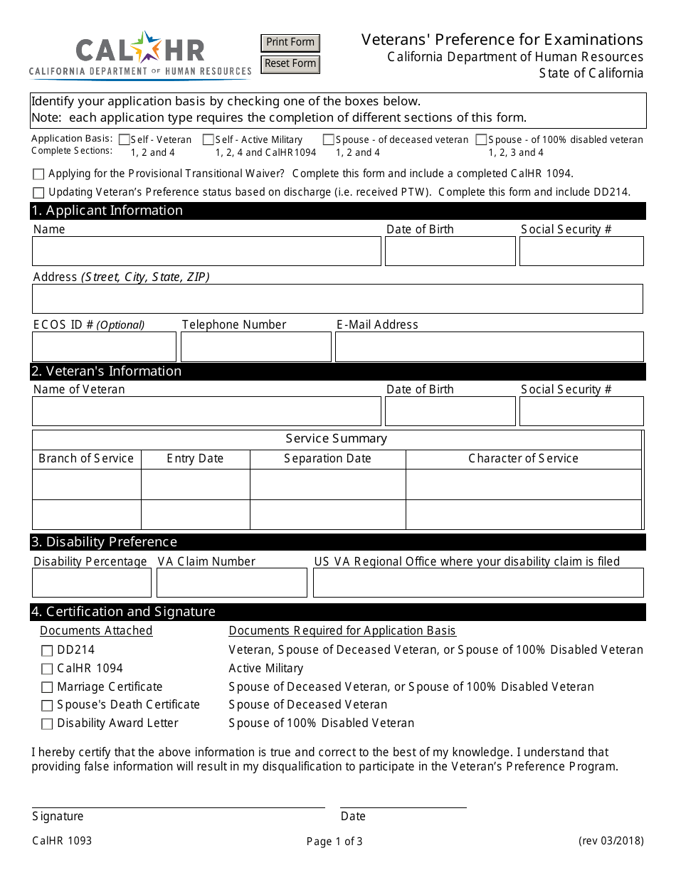 Form CALHR1093 Veterans Preference for Examinations - California, Page 1