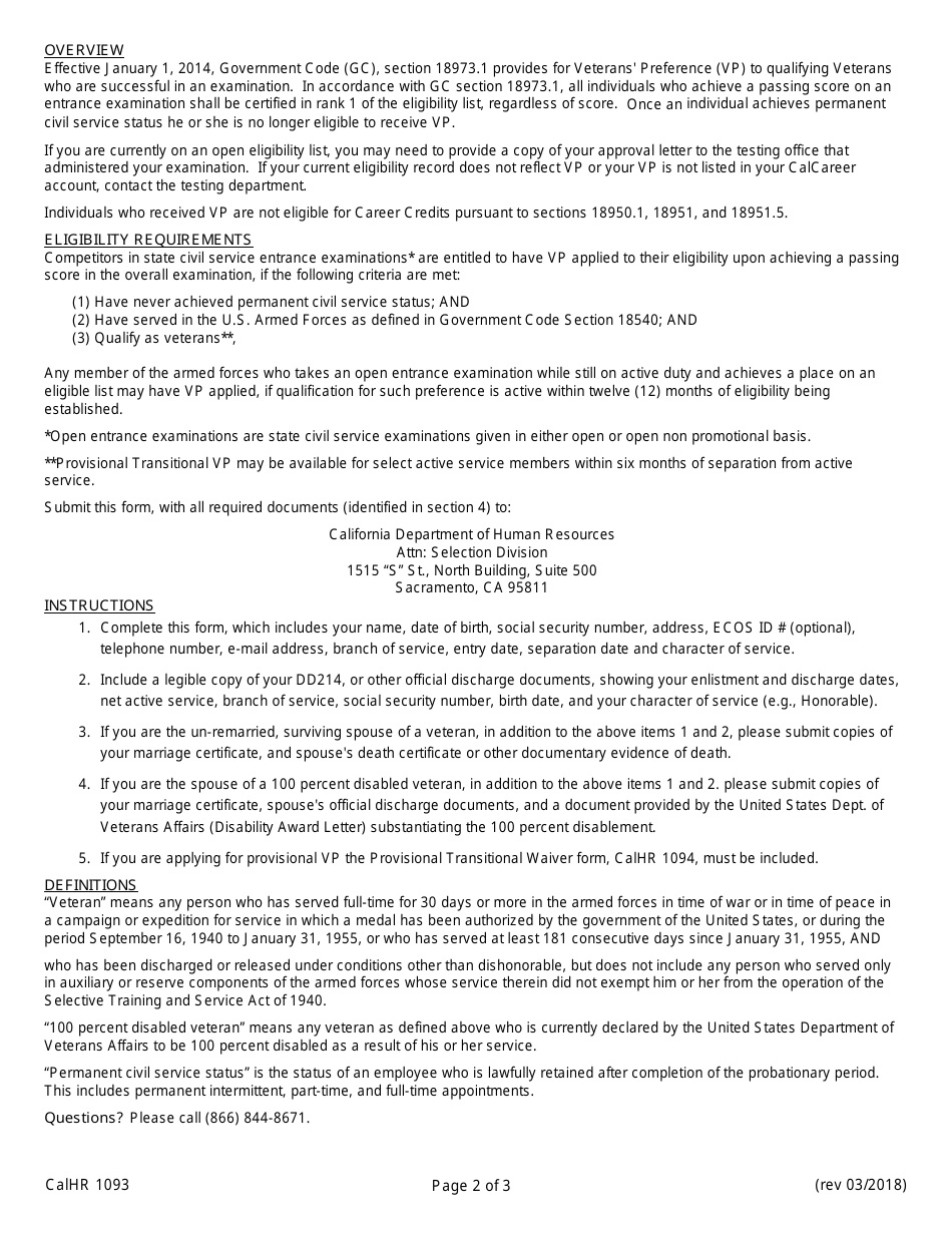 Form CALHR1093 Veterans Preference for Examinations - California, Page 2