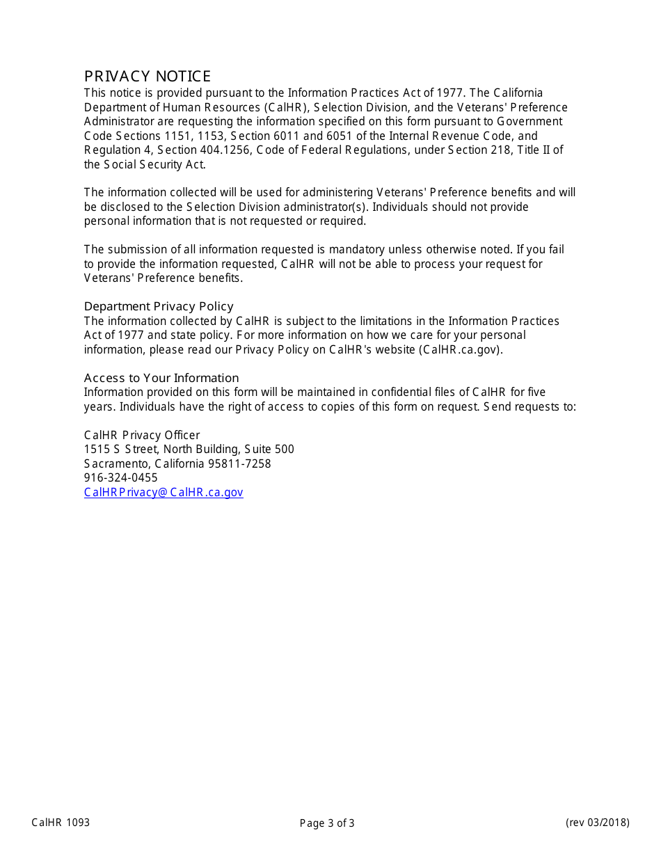 Form CALHR1093 Veterans Preference for Examinations - California, Page 3