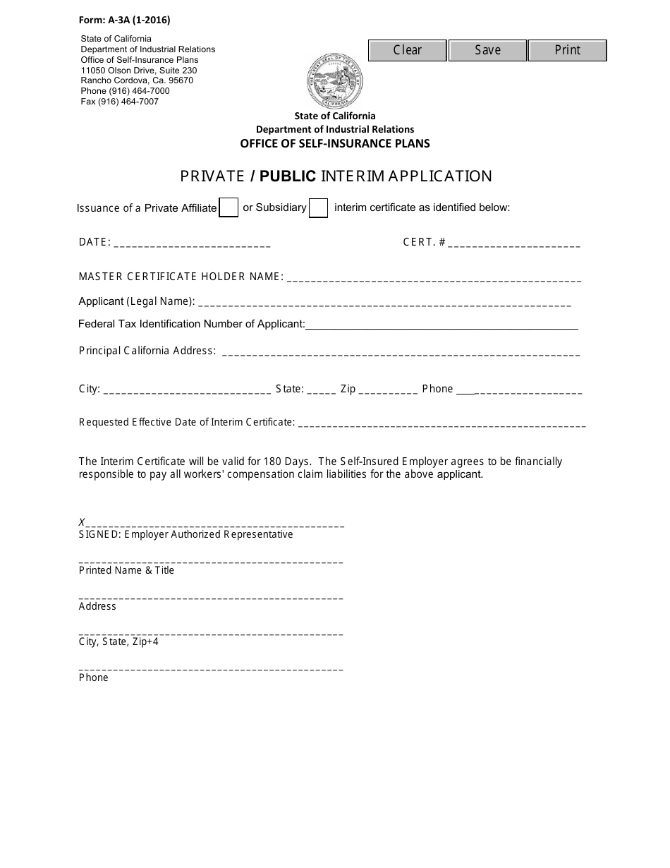 Form A-3A Private / Public Interim Application - California, Page 1