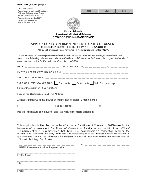 Form A-3B Application for Permanent Certificate of Consent to Self-insure for Interim Self-insurer - California