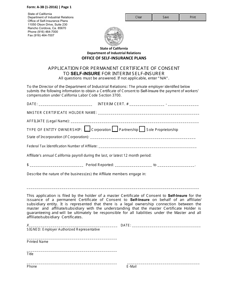 Form A-3B Application for Permanent Certificate of Consent to Self-insure for Interim Self-insurer - California, Page 1