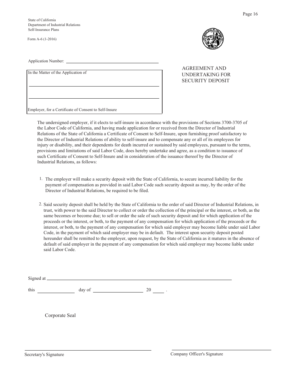 Form A-6 Agreement and Undertaking for Security Deposit - California, Page 1
