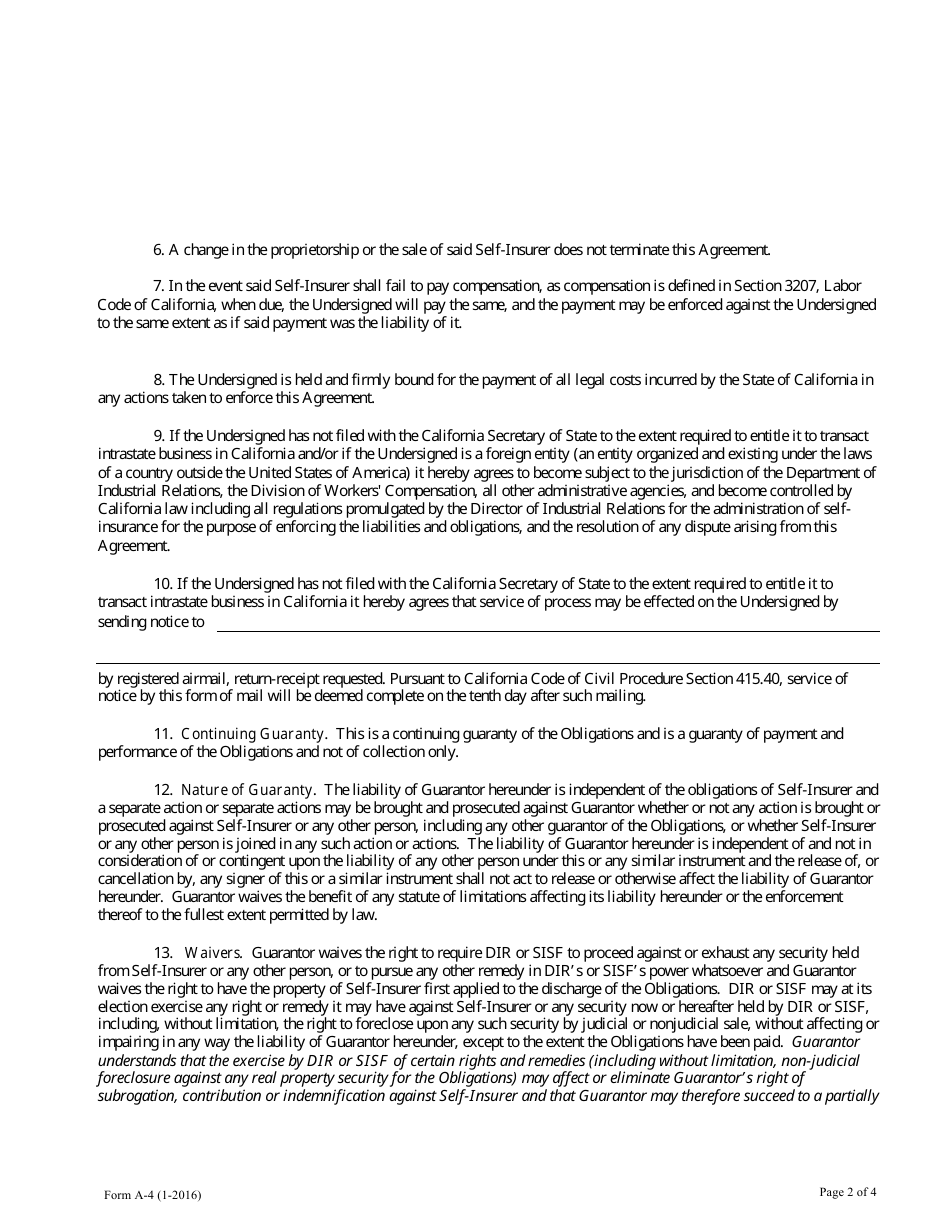 Form A-4 Guaranty of Workers Compensation Liabilities - California, Page 2