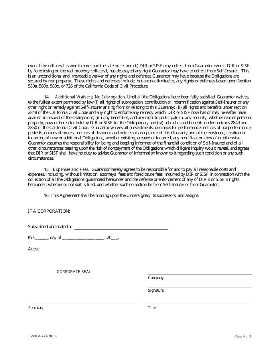 Form A-4 Guaranty of Workers Compensation Liabilities - California, Page 4