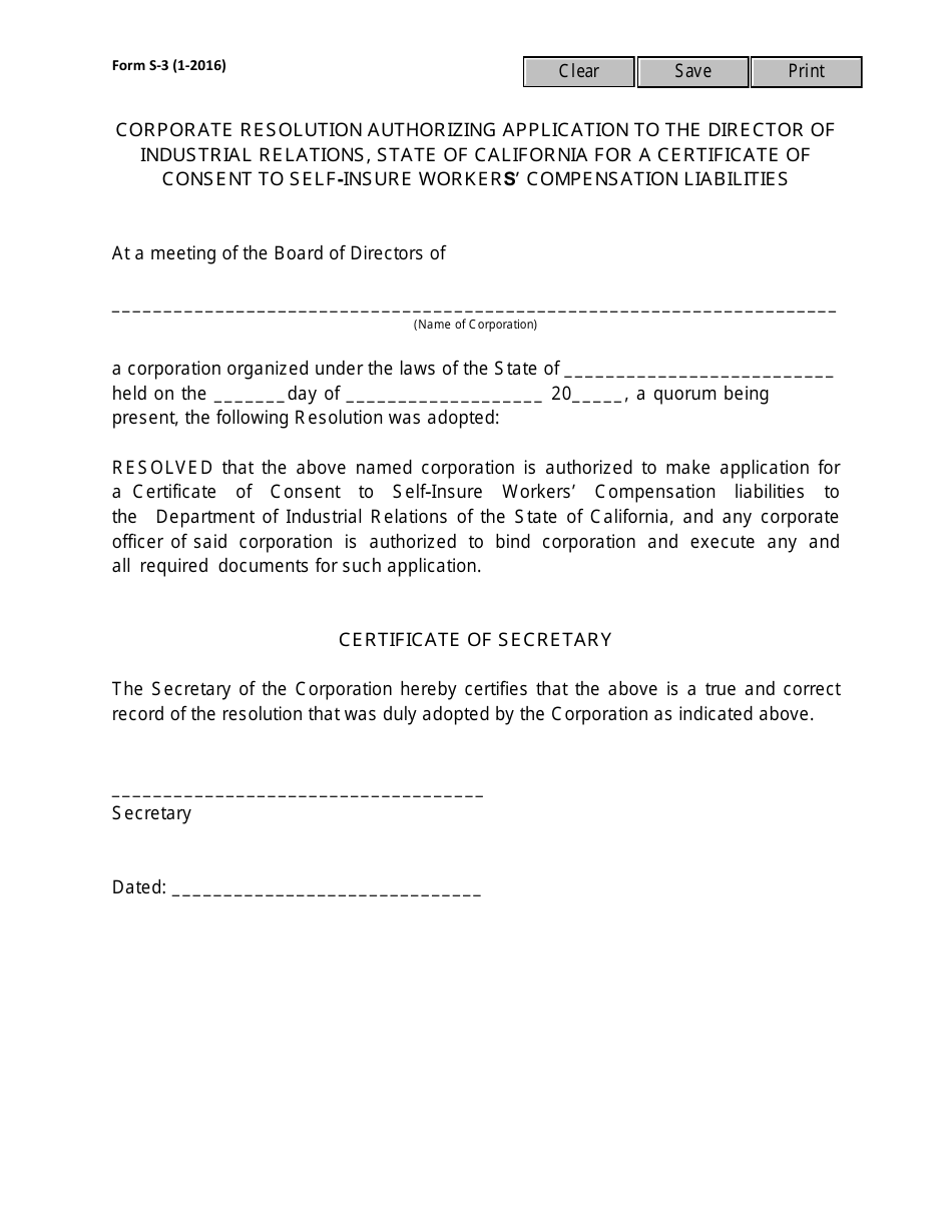 Form S-3 Corporate Resolution Authorizing Application to the Director of Industrial Relations, State of California for a Certificate of Consent to Self-insure Workers Compensation Liabilities - California, Page 1
