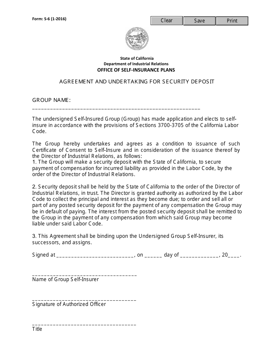 Form S-6 Agreement and Undertaking for Security Deposit - California, Page 1