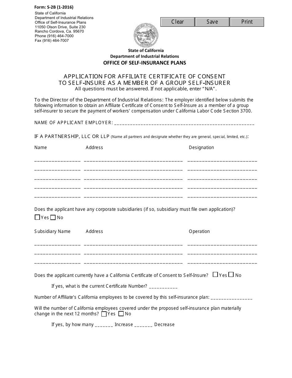 Form S-2B Application for Affiliate Certificate of Consent to Self-insure as a Member of a Group Self-insurer - California, Page 1