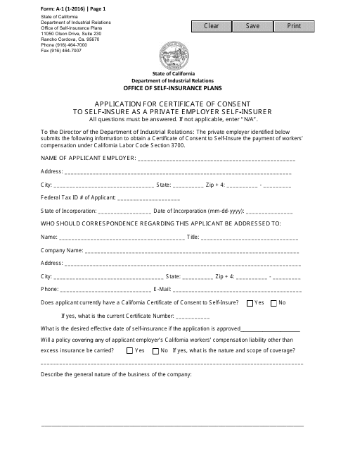 Form A-1 Application for Certificate of Consent to Self-insure as a Private Employer Self-insurer - California