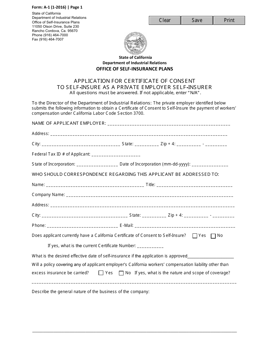 Form A-1 Application for Certificate of Consent to Self-insure as a Private Employer Self-insurer - California, Page 1