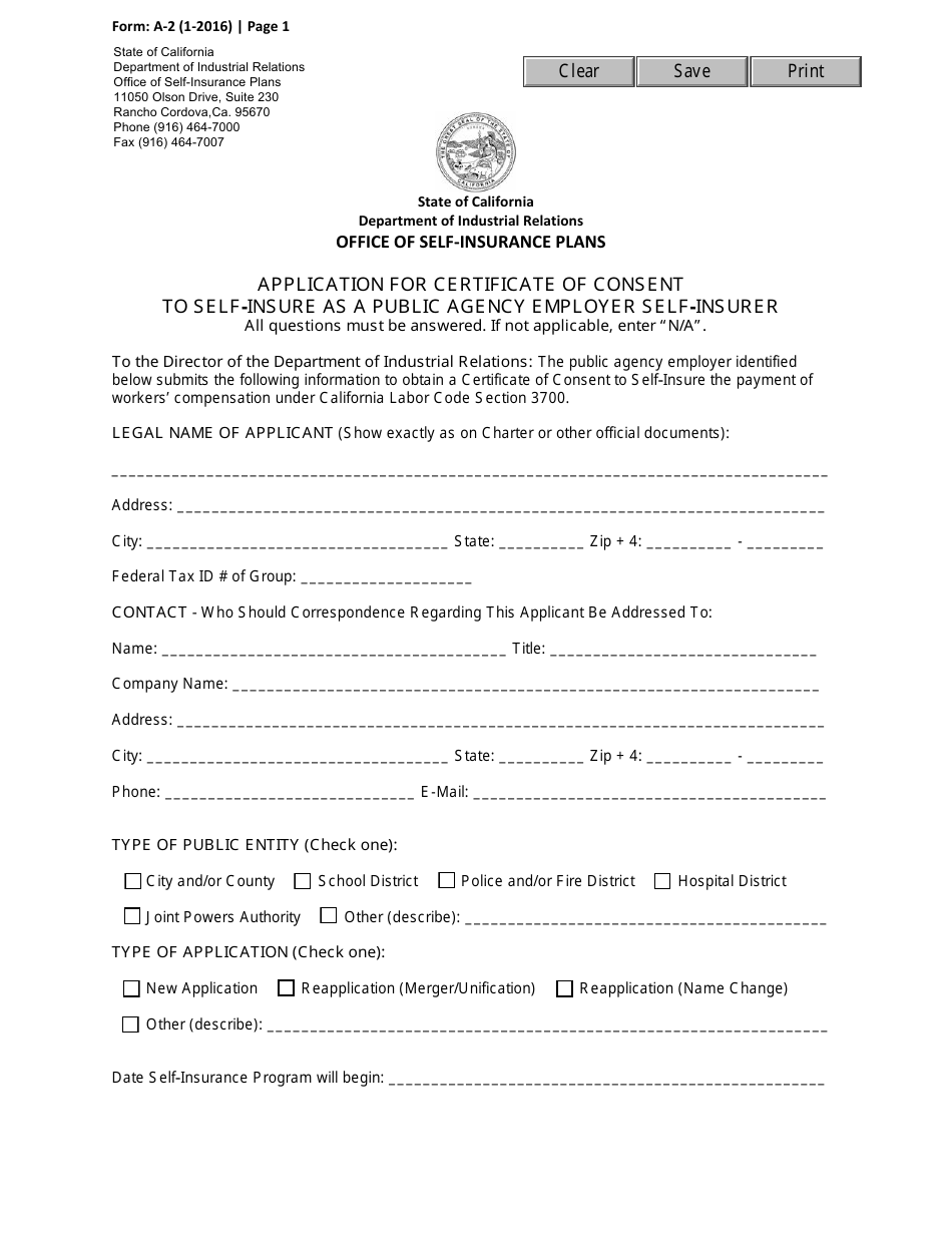 Form A-2 Application for Certificate of Consent to Self-insure as a Public Agency Employer Self-insurer - California, Page 1