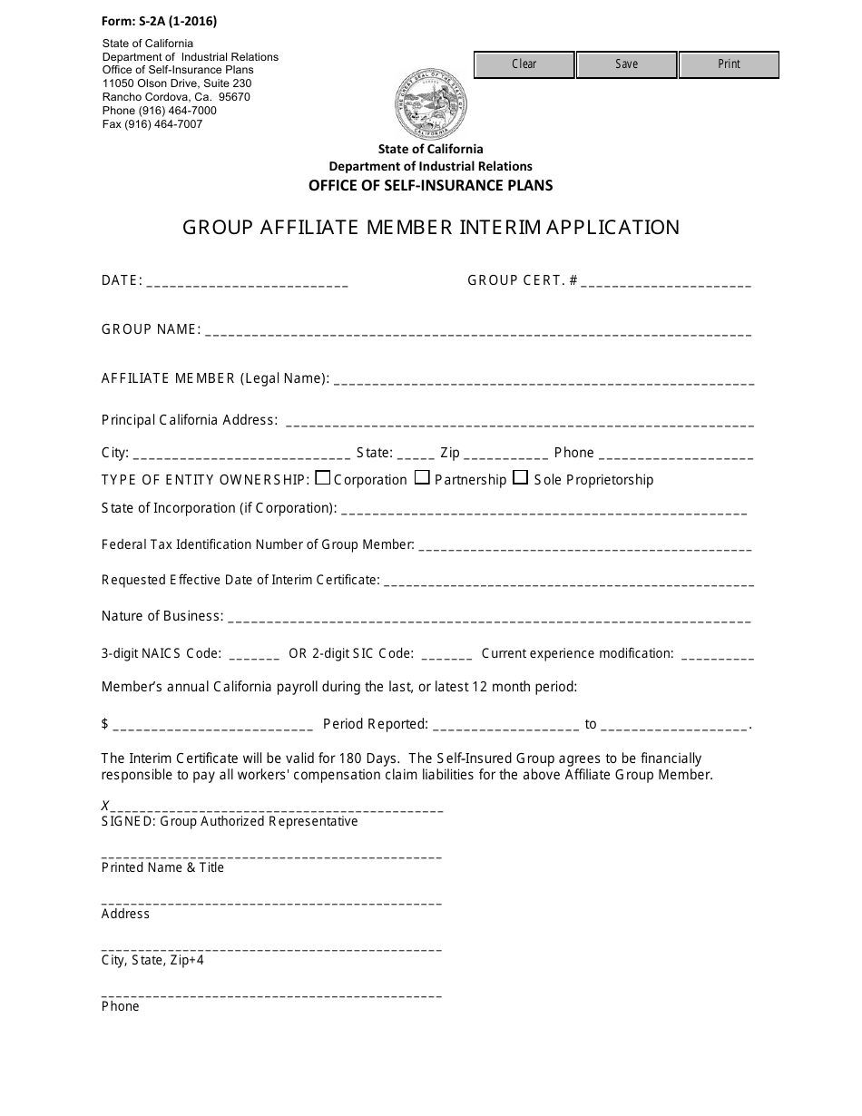 Form S-2A Group Affiliate Member Interim Application - California, Page 1