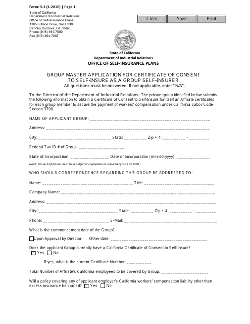 Form S-1 Group Master Application for Certificate of Consent to Self-insure as a Group Self-insurer - California