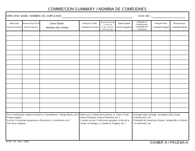 Form DLSE-155 Commission Summary - California (English/Spanish)