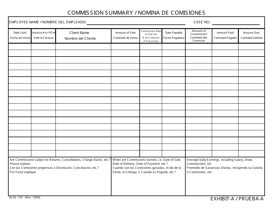 Form DLSE-155 Commission Summary - California (English / Spanish), Page 1